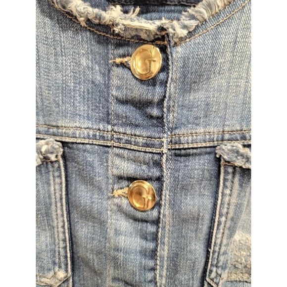 VTG GUESS Blue Denim Jacket Sz‎ M Distressed Gold Buttons Y2k Streetwear - Picture 6 of 12